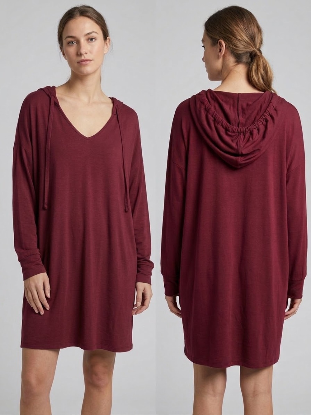 HALARA Burgundy V-Neck Hooded Dress